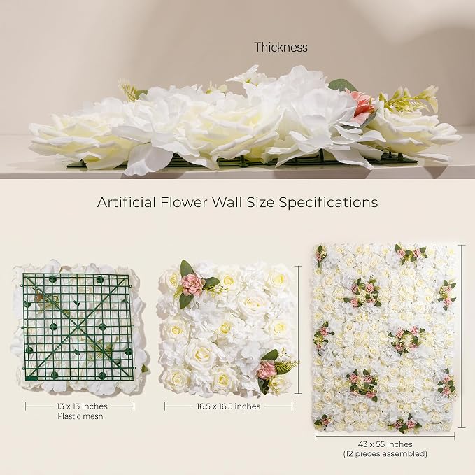 Flower Wall Backdrop, 12 Panels, 16.5x16.5 Inch, Ivory White | 3D design, realistic look, Seamless Design,eco-friendly,easy to assemble,reusable,.Suitable for weddings,Party,home décor - Image 2