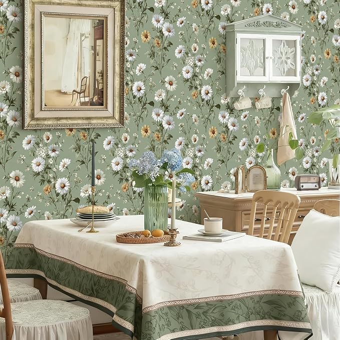 Livebor Floral Peel and Stick Wallpaper Green Wallpaper 16.9in x118.1in | Daisy Floral Contact Paper Flower Wallpaper Peel and Stick Modern Self Adhesive Removable Wall Paper for Bedroom Vinyl - Image 8