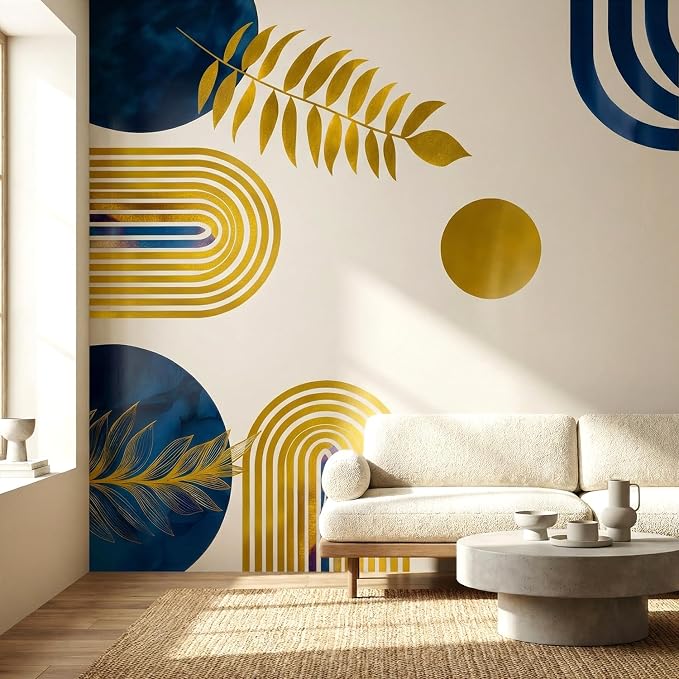 Boho Mid-Centry Morden Abstract Arch Palm Leaf Geometric Wall Decals Decor | Luxury navy blue gold abstract palm leaves botanical circle removable vinyl wall stickers mural for living room bedroom - Image 7