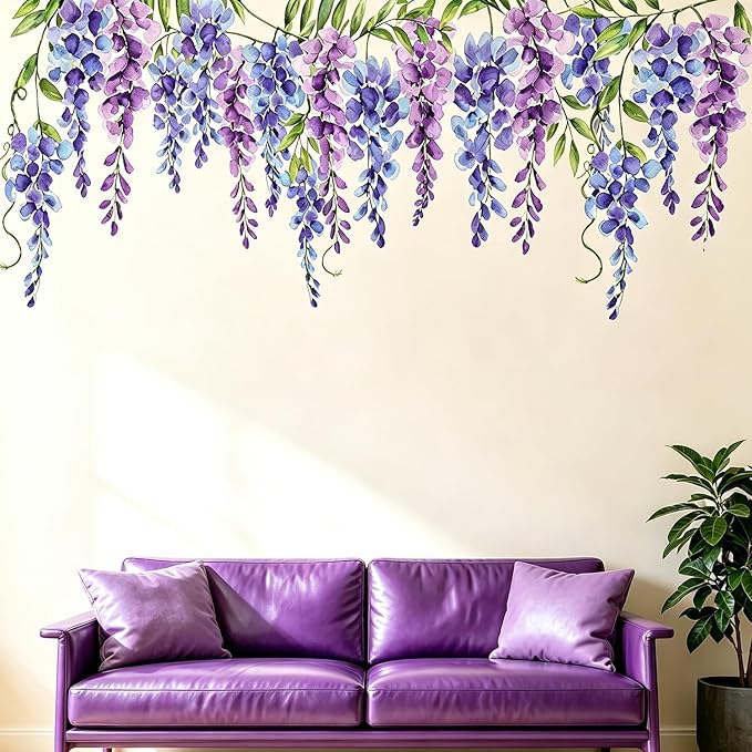 Purple Flowers Wall Decals Peel and Stick, Large Wisteria Floral Vinyl Wall Stickers, Removable Vine Home Decor Art for Bedroom Living Room Classroom Office by VePret