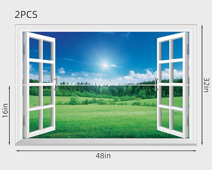 FLFK Fake Window Wall Mural - Grassland Forest Faux Window Wall Sticker for Wall Decor, Peel and Stick Wall Decals,48"x32",Set of 2 Sheets - Image 2