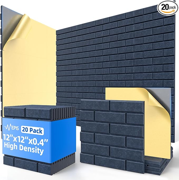 20 Pack Acoustic Panels with Self Adhesive, 12" X 12" X 0.4" High Density Sound Proof Foam Panels for Walls, Soundproof Wall Panel, Brick Sound Absorbing Panel for Home Studio Office Decor Navy Blue by NEPIS