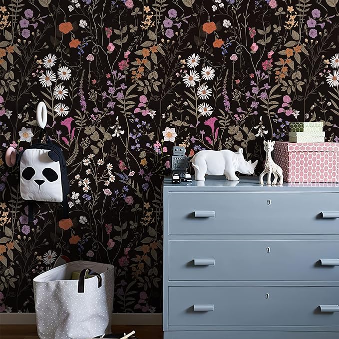 JiffDiff Floral Wallpaper Peel and Stick- 1181" x 17.3" Farm Wildwood Self Adhesive Wall Paper Daisy Flower Contact Paper Dark Floral Stick On Wallpaper - Image 2