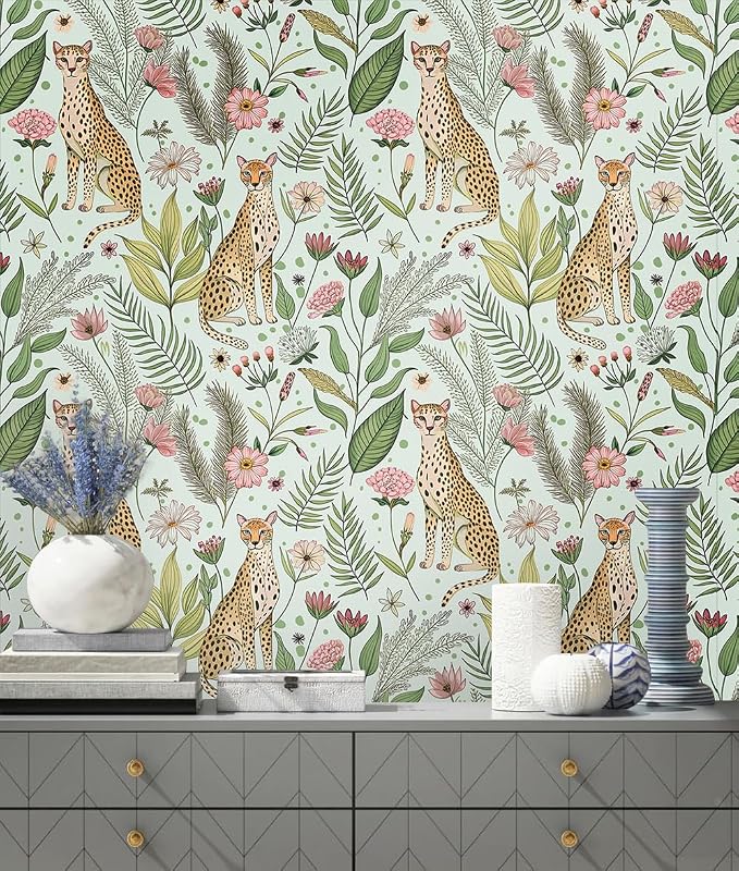 Floralplus Jungle Leopard Wallpaper Peel and Stick Wallpaper Removable Vintage Floral Wall Paper for Bathroom Renter Friendly Textured Stick On Vinyl Contact Paper Home Decor 17.5 x 393 in - Image 5