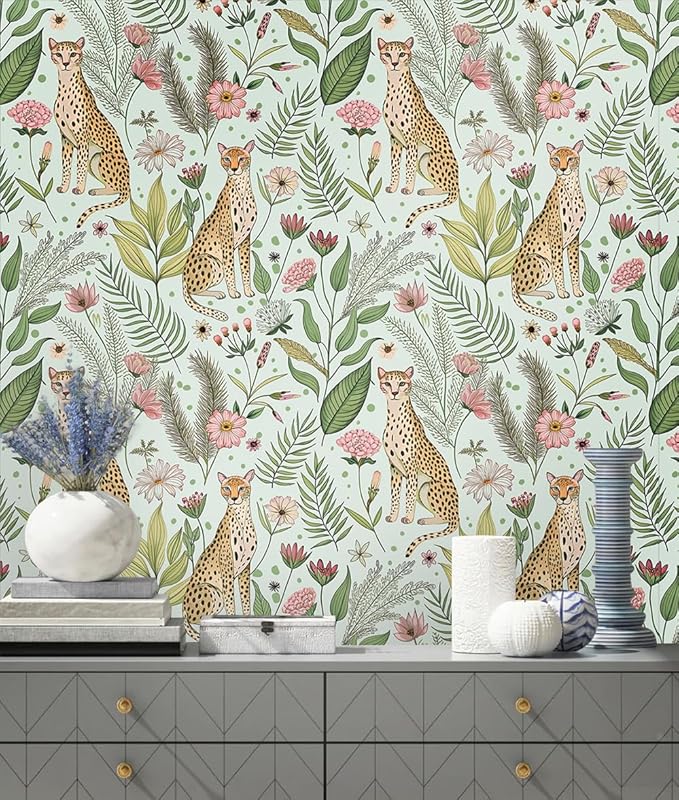 Floralplus Wallpaper Peel and Stick Jungle Leopard Wallpaper | Removable Boho Cheetah Animal Wallpapers Renter Friendly Floral Contact Paper for Bathroom Shlef Liner Dresser 17.5 x 118 in - Image 3