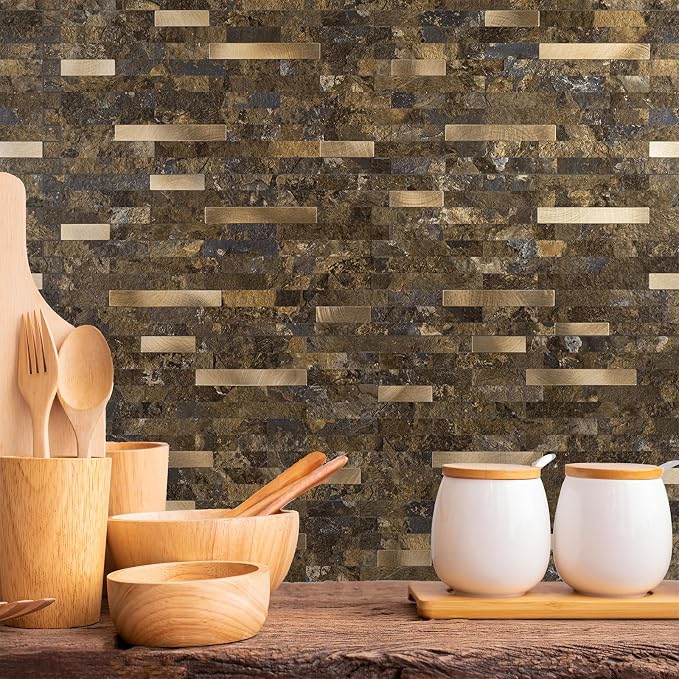StyloVue 20 Sheets Peel and Stick Backsplash for Kitchen, Rust Slate with Metal Gold Look Stick on Tile Upgrade Your Kitchen Backsplash, RV, Fireplace - Image 7