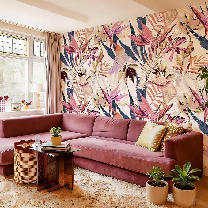 Floral Peel and Stick Wall Mural, Leather Textured Vintage Self-Adhesive Wallpaper for Bedroom Living Room Background Wall Art Decor, Bird of Paradise, Pink 137.24'' x 98.03'' - Image 2