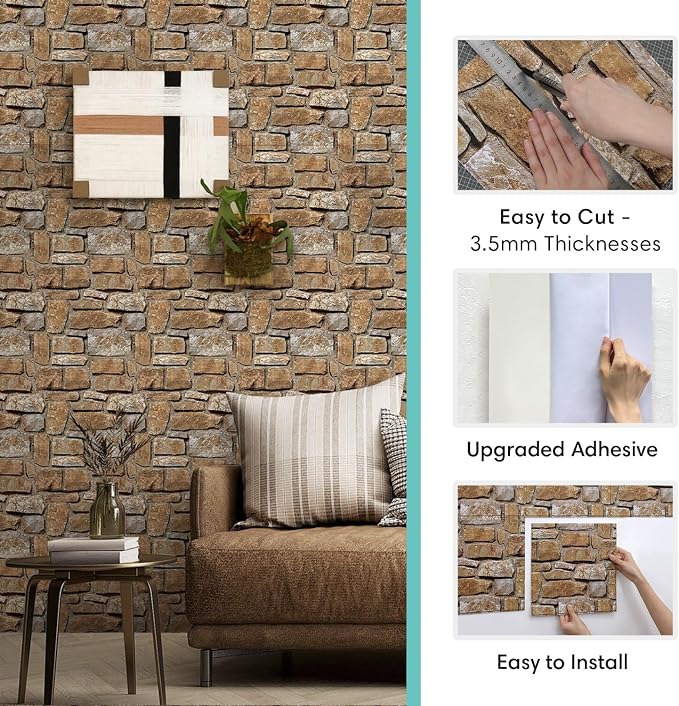 Commomy Faux Stone Peel and Stick Wall Panels | Ultralight Thin PVC Fake Rock Wallpaper DIY Wall Covering Decorative Tiles for Kitchen Backsplash,Bedroom (Covers 9.7 sq.ft) - Image 5