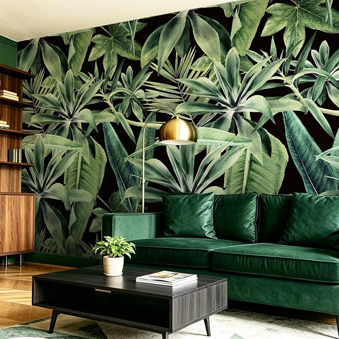 Tropical Peel and Stick Watercolor Green Leaves Wall Mural, Leather Textured Vintage Self-Adhesive Wallpaper for Bedroom Living Room Background Wall Decor, Black Background, 137'' x 98'' by Flortlias