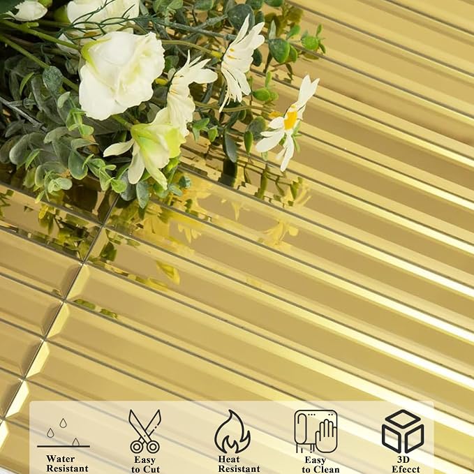 Diflart Beveled Mirror Backsplash Tiles for Kitchen, Gold Strip, 12x12 Inch, Mirror TIile for Bathroom Accent Wall, Pack of 5 Sq.ft - Image 6