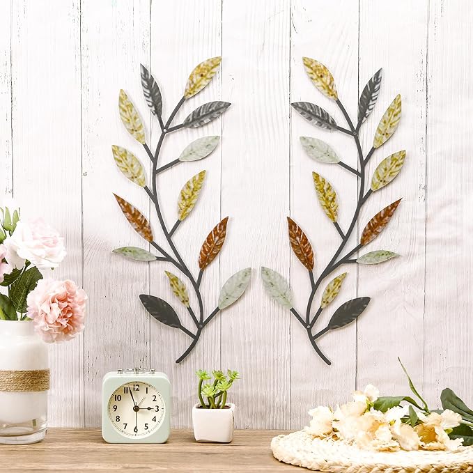 Zhengmy 2 Pcs Metal Leaf Wall Art Vine Branch Decor,Multi Color | Olive Branch Metal Decor for Living Room Hallway, Symmetrical Leaf Pair for Doorway Entryway, Lightweight Hanging Art Design - Image 3