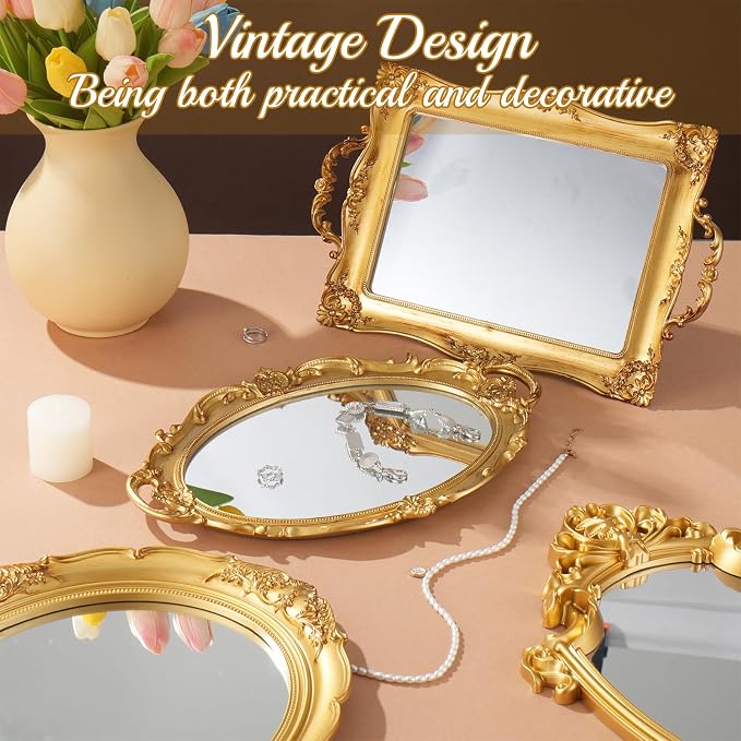 4 PCS Vintage Gold Mirror Set Vintage Mirrors for Wall Antique Shield Shape Square Oval Decorative Mirror Jewelry Dresser Organizer Tray for Living Room Bedroom Wedding Desktop Photography Decoration - Image 5