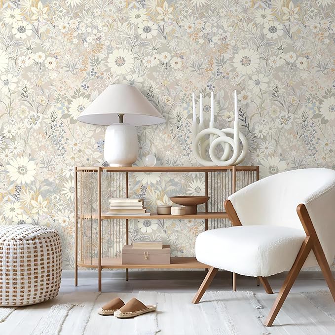 Gray Floral Wallpaper Peel and Stick for Bedroom,Cabinets 17.3" x 393.7" | Textured Vinyl Stick on Wall paper DIY Self Adhesive Removable Waterproof Gray/Yellow/Blue Contact Paper for Kitchen Bathroom - Image 2
