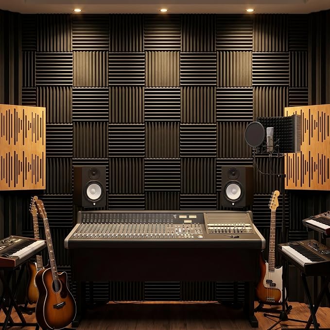 96 Pack Allxinlog Absorb the echo Acoustic Foam Panel Wedge Studio Soundproofing Wall Tiles 12" X 12" X 1"(Accompanied By Double-Sided Adhesive Tape) (96-BLACK) - Image 5