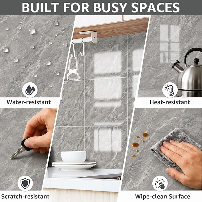WADILE 20PC Peel and Stick PVC Wall Panels 11.8 x 11.8 Dark Grey | Marble look, Self adhesive, PVC Panels, Lightweight Foam Wall Panels, Bathroom, Kitchen, Not Real Tile - Image 5