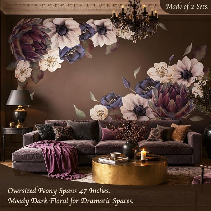 Peel and Stick Floral Wall Mural DIY for Bedroom Living Room | Dark Moody 8 Flowers Fabric Wall Decals, Self-Adhesive Freestyle Layout, Largest 47.5"x31.4" Giant Peony Rose - Image 2