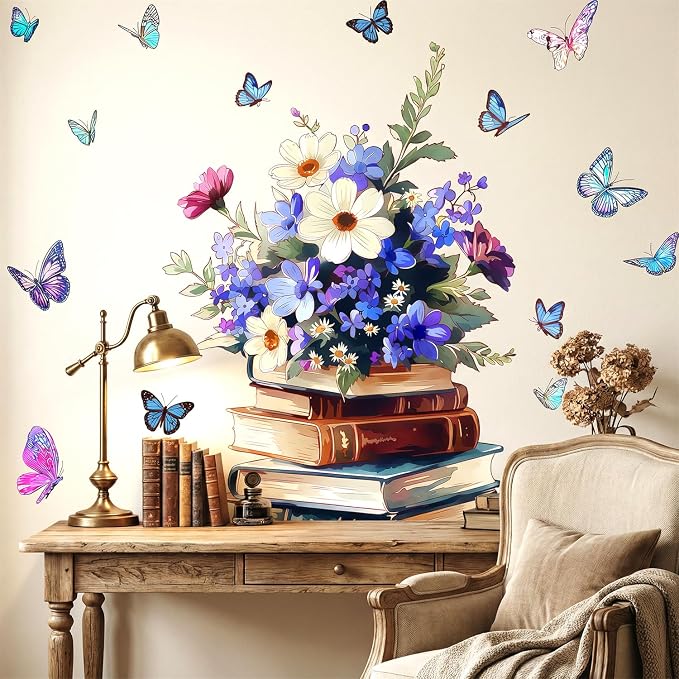 Vintage Stacked Books Floral Flower Butterfly Wall Decals Decor Stickers | Elegant books peel and stick wall decor, wildflowers & butterflies removable vinyl wall art for library bedroom study room - Image 6