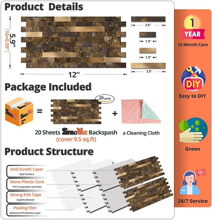 StyloVue 20 Sheets Peel and Stick Backsplash for Kitchen, Rust Slate with Metal Gold Look Stick on Tile Upgrade Your Kitchen Backsplash, RV, Fireplace - Image 4