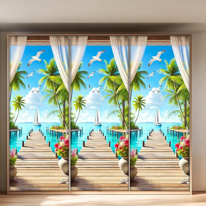 HOMETITUTE Tropical Seaside Sailboat Palm Peel Stick Door 30.3x78.7 PVC | Wall Cover Poster Decals Removable Wallpaper Self Adhesive Livingroom Bedroom Office - Tropical Path - Image 5