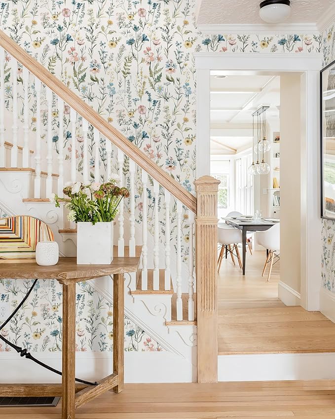 Dimoon Boho Peel and Stick Wallpaper Beige Floral Contact Paper 17.3x394in |Blue Wildflower Botanical Renter Friendly Removable Self Adhesive Stick on Wall Paper Decor for Bathroom Bedroom Vinyl - Image 8