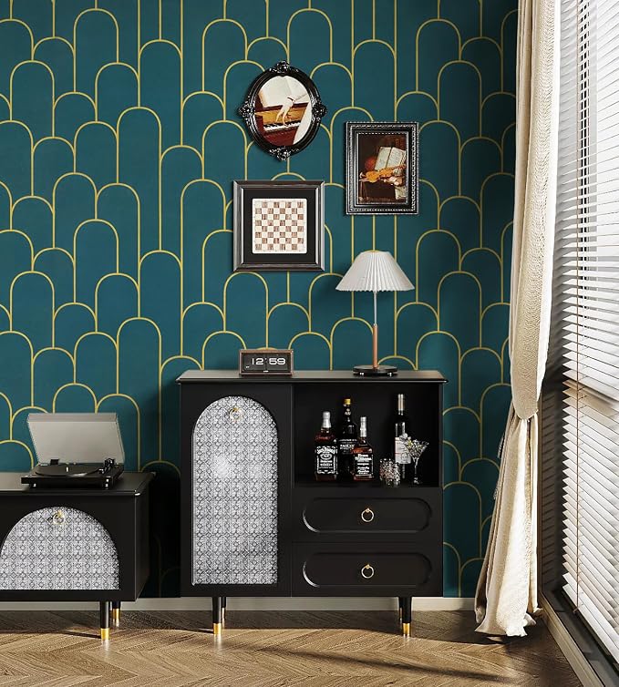 Yasinet Peel and Stick Wallpaper Green and Gold Wallpaper Dark Green Contact Paper Modern Geometric Removable Self Adhesive Wall Paper for Bedroom/Cabinet Waterproof for Bathroom Vinyl 197" x 17.3" - Image 2