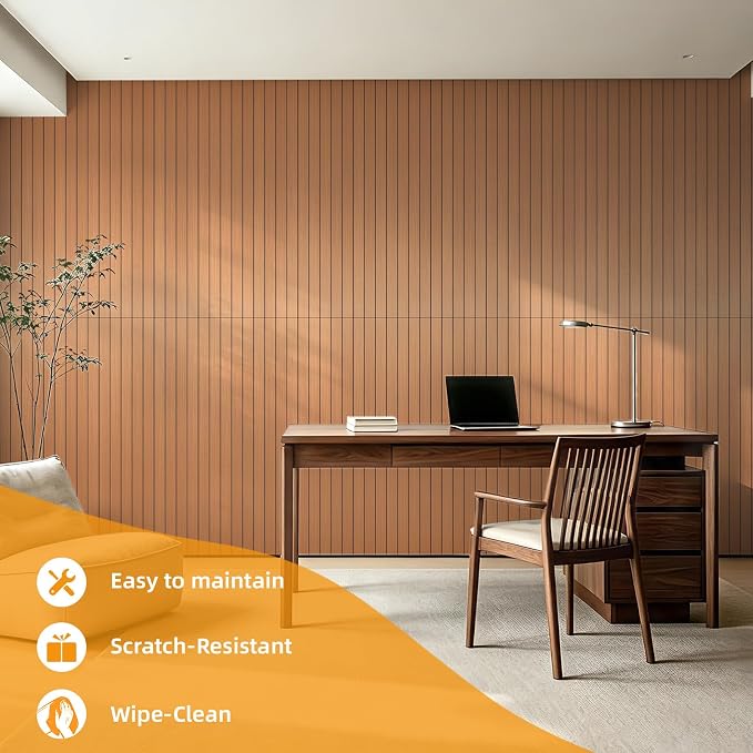 WOWSTAR 6-Pack Peel and Stick PVC Wood Slat Wall Panel，Thickened Wood Grain Wallpaper, 3D Wall Panels, 48" x15.74", Walnut - Image 4