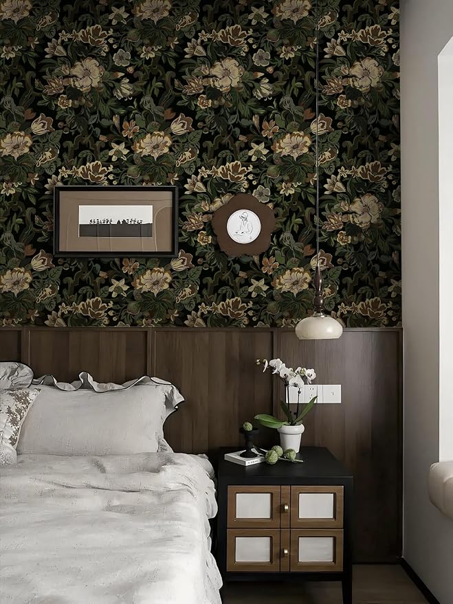 Dimoon 17.3"x78.7" Dark Wallpaper Peel and Stick Moody Vintage Victorian Floral Contact Paper Green Gothic Wallpaper for Bedroom Flower Leaf Yellow Renter Friendly Wall Paper Removable Vinyl Roll - Image 6