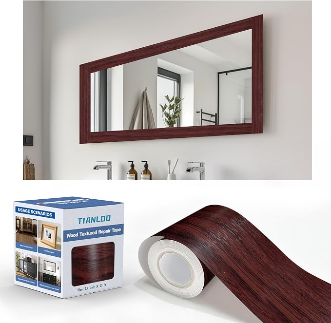 TIANLDD 27 FT Wood Grain Wallpaper Border, Removable Waterproof Mirror Border Peel and Stick,Bathroom Mirror Frame Border.(Reddish Brown Oak) by TIANLDD