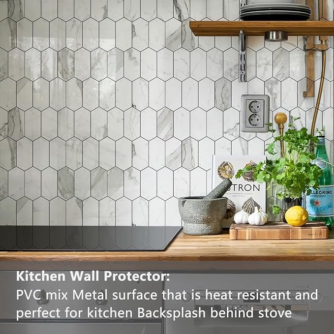 Vamos Tile Long Hexagon Peel and Stick Backsplash Tile - 10 Sheets Stick on Backsplash for Kitchen and Bathroom 12.4 x 12 Inch Glossy Carrara White PVC Self Adhesive Mosaic Wall Tiles - Image 2