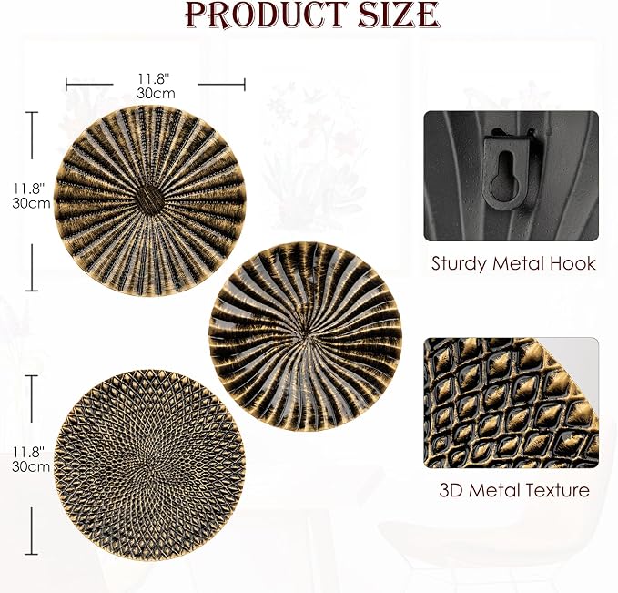 Briful 12" Wall Décor Pack of 3 Metal Gold & Black Washed Starbursts Radial Plate Wall Art Modern Accent Hanging Wall Decorations For Home Office Bedroom Or Living Room Wall Sculptures - Image 2