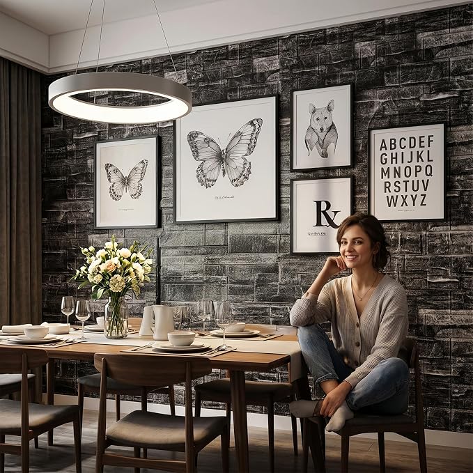 40pcs 3D Wall Panels 11.8x11.8 Inch Peel and Stick Foam Brick Wallpaper, Black Self Adhesive Tiles Waterproof Decorative Wall Panel for DIY Interior Wall Decor, Faux Rock Wall Panels | Practical and Reliable Easy Installation - Image 6