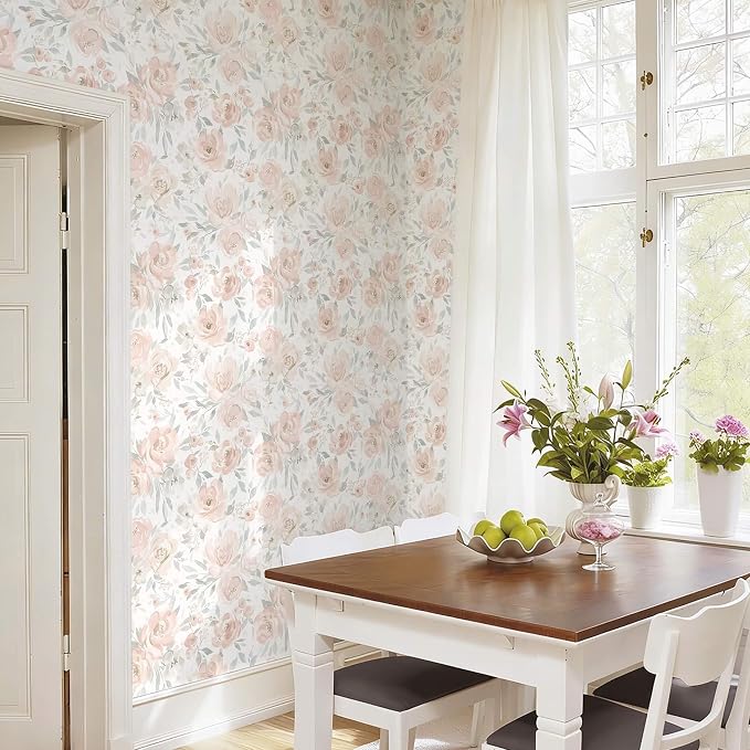 Ismoon Pink Floral Peel Stick Wallpaper Boho Watercolor Stick on Wall Paper | 17.3x393in Watercolor Contact Paper for Cabinet Removable Self Adhesive Vinyl Wallpaper for Girl Bedroom Accent Wall Decor - Image 7
