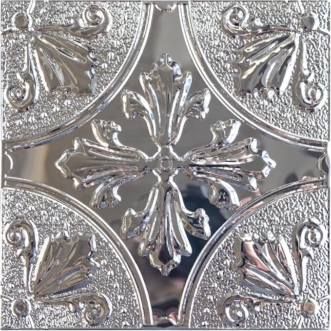 Peel and Stick Metal Backsplash Tiles, Silver Fleur, 10-Pack | 8 x 8 in tile size; Covers up to 4.44 sq ft; Aluminum; Water-resistant surface; For kitchens, ceilings, DIY projects by WallWear