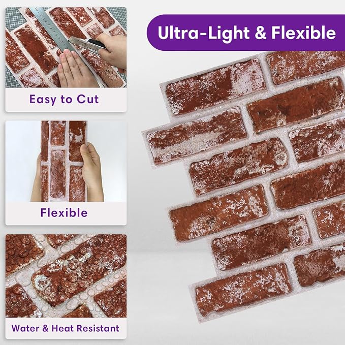 3D Peel and Stick Faux Brick Wall Panels 11.8" x 11.8" 10-Pack | Small Brick-Look Textured Sticker, Thin Lightweight PVC Self Adhesive Wall Tiles for Interior Decor, Cover 9.7 sq ft - Image 5
