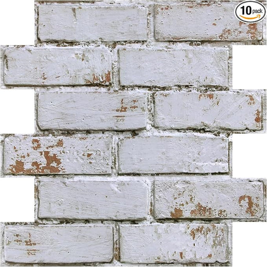 3D Faux Brick Wall Panels Peel and Stick, Designed for Quick DIY | Whitewash, 10 Pcs 11.8" x 11.8", Small Brick-Look, Ultra-Light PVC Fake Brick Covering for Wall Renovation, Cover 9.7 sq ft by SMOOSTIKCDECOR