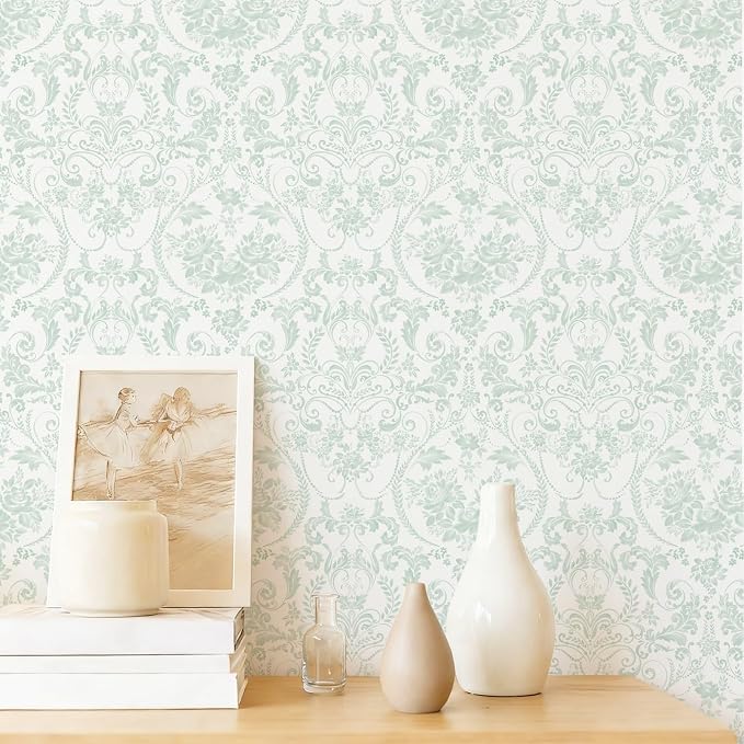Ismoon Peel and Stick Wallpaper Green Contact Paper 17.3in x 6.56ft Vintage Floral Wallpaper Boho Damask Removable Textured Wall Paper for Bedroom Bathroom Shelf Cabinet Décor by Ismoon