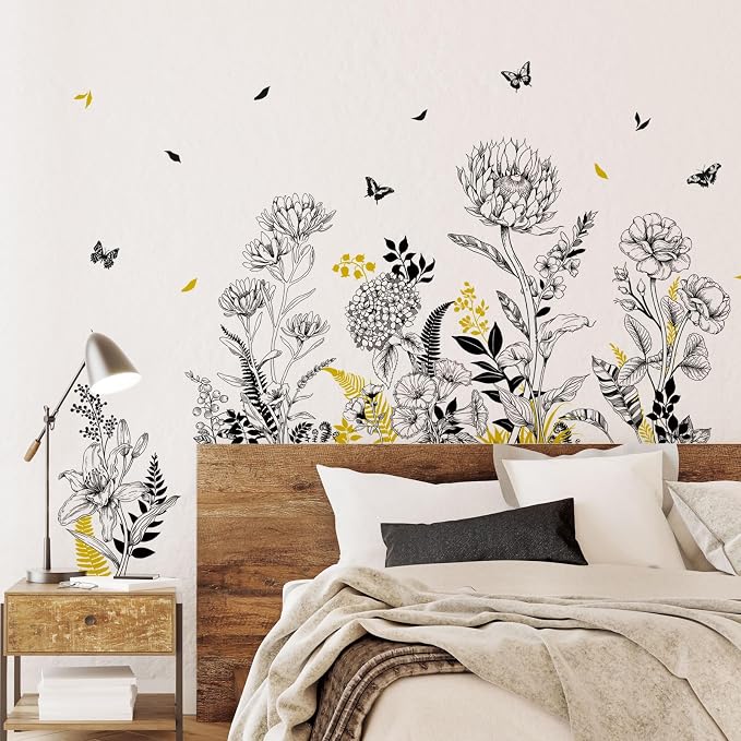Black Yellow Flower Wall Decals, 3 Sheets Sketch Garden Floral Wall Stickers Simple Line Wildflower Grass Butterflies Art Decor Bedroom Bathroom Hallway Sofa Gifts for Mom(11.8x35.4 in/Sheet) - Image 6