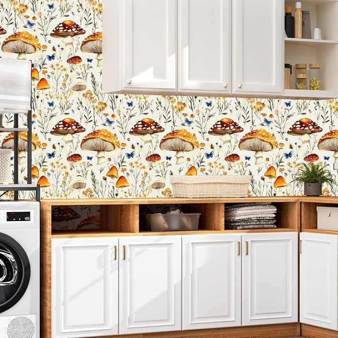BOKEBEVE Mushoroom Wallpaper Peel and Stick Boho Beige Yellow 17.5 x 118In | Removable Self Adhesive Renter Friendly Vintage Floral Wall Paper for Bedroom Bathroom Cabinet Drawer Feature Accent Wall - Image 2