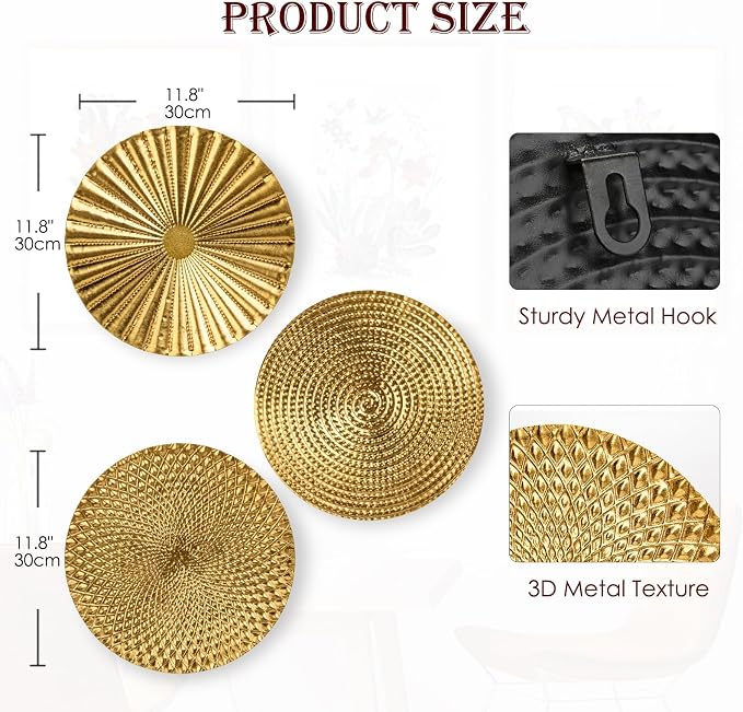 Briful 12" Gold Wall Décor Pack of 3 Metal Starbursts Radial Plate Wall Art Modern Accent Hanging Wall Decorations For Home Office Bedroom Or Living Room Wall Sculptures - Image 2