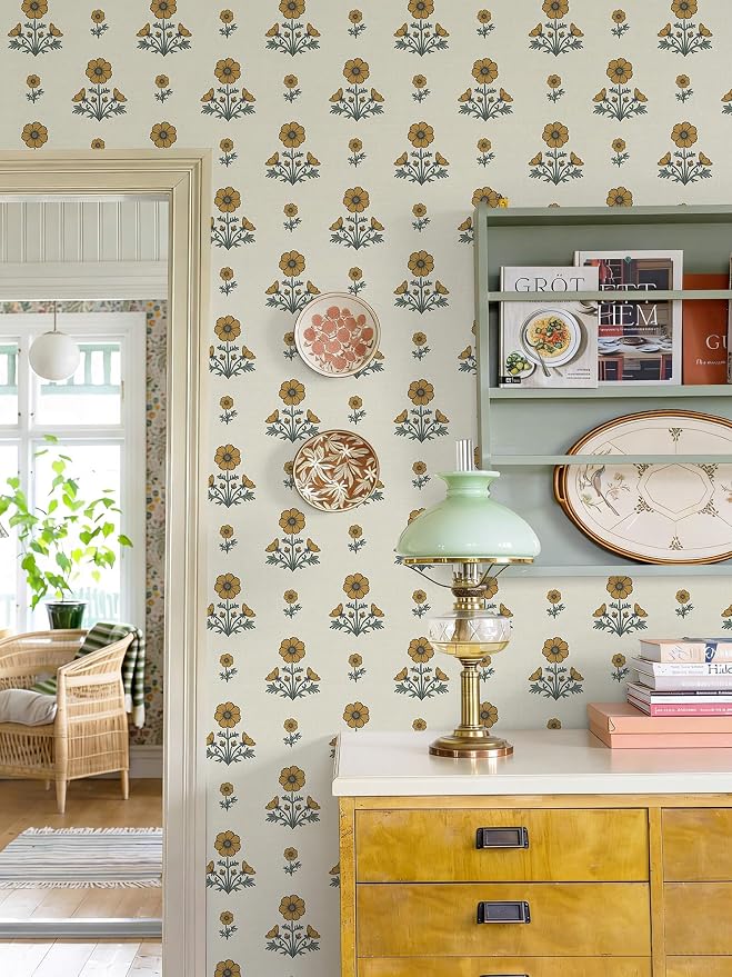 Vintage Floral Wallpaper Floral Peel and Stick Wallpaper for Bathroom 196"×17.3" Daisy Wall Paper Yellow and Green Cottagecore Contact Paper for Nursery Kitchen Self-Adhesive Vinyl Waterproof - Image 7