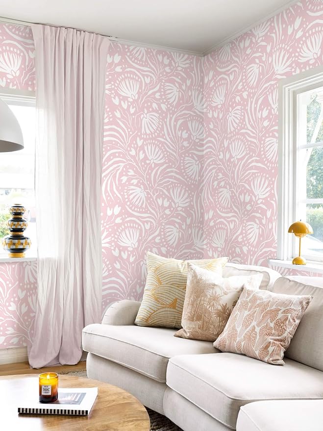 Ismoon Boho Peel and Stick Wallpaper Pink Floral Contact Paper Boho Stick on Wall Paper Textured Removable Self Adhesive Vinyl Wallpaper for Bedroom Bahtroom Wall Decor 17.3x196in - Image 6