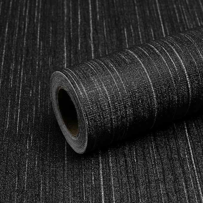 Black Grasscloth Peel and Stick Wallpaper Vintage Texture Removable Waterproof Wallpaper for Room Walls, Cabinets, Furniture, Drawers, Desk A Set of 23.6"x480" by Qianglive