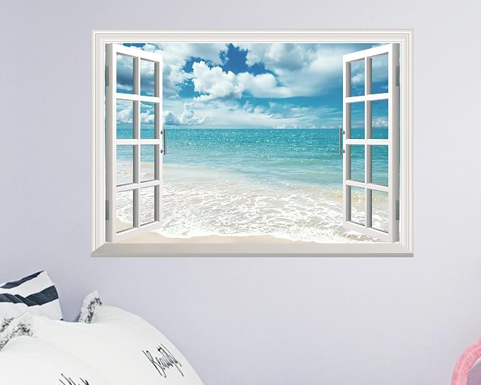 FLFK Fake Window Wall Sticker - Summer Beach Faux Window Wall Mural for Wall Decor, Stick and Peel Wall Decals,16"x24" - Image 5
