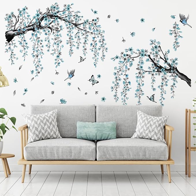 Blue Cherry Blossom Wall Stickers, Spring Watercolor Blue Flower Tree Wall Decals Bird Butterfly Peel and Stick Wall Murals Decor for TV Background Living Room Bedroom (Ink Blue) - Image 3