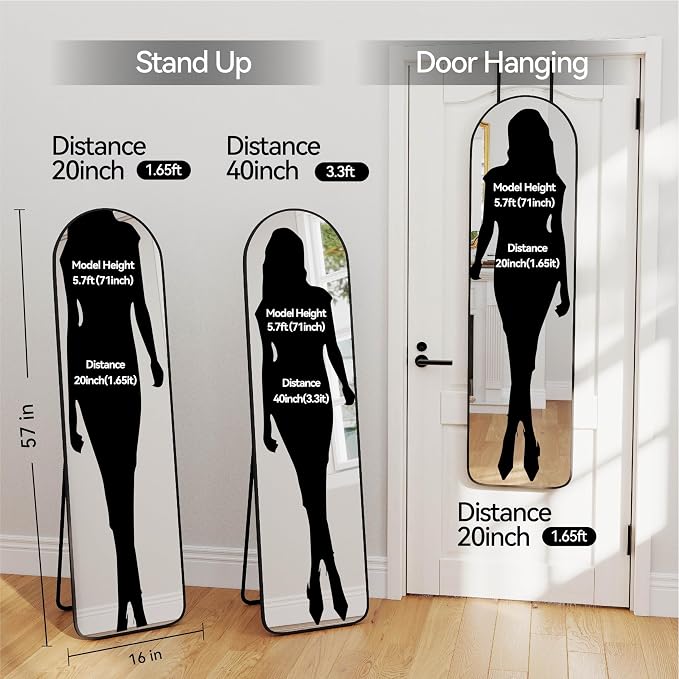 57x16" Full Length Mirror Floor Stand,Over the Door,Wall Mounted Black - Image 2
