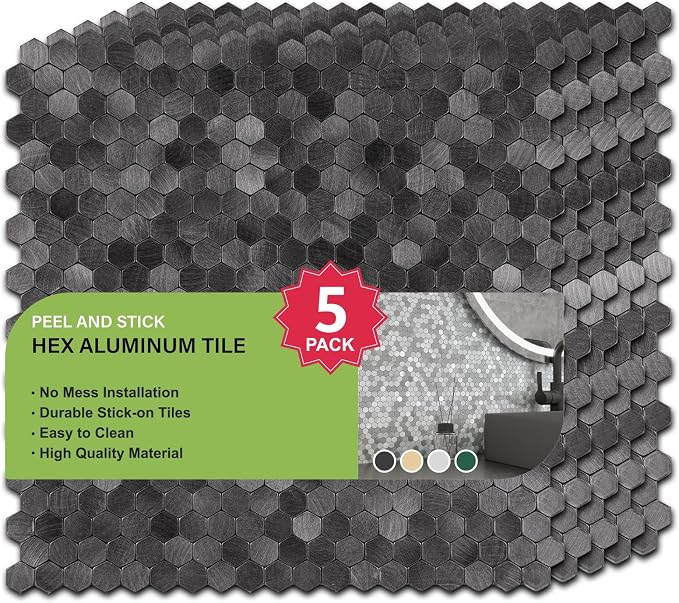 Select 5 Pack Hexagon Peel and Stick Backsplash Tiles, Brushed Black | Self Adhesive Metal Backsplash Stick On Aluminum Tiles for Kitchen Bathroom, 12” x 12” Wall Tiles w/10 Edge Pieces - Image 4