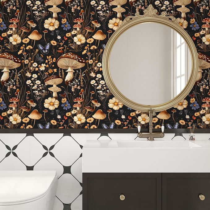 BOKEBEVE Mushoroom Wallpaper Peel and Stick Boho Black Brown 17.5 x 393.5In | Extra Long Removable Renter Friendly Vintage Floral Wall Paper for Bedroom Bathroom Cabinet Drawer Feature Accent Wall - Image 5