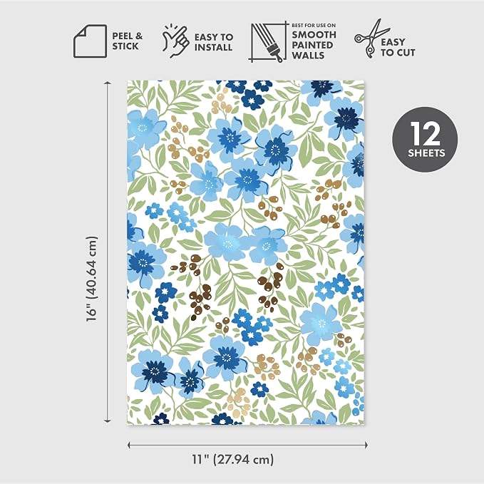Main Street Peel and Stick Wallpaper Sheets, Friendly Flowers, 12-Pack | 11 x 16 in sheet size; Covers up to 14.67 sq ft; Eco-friendly paper material; No paste or additional adhesive required - Image 2