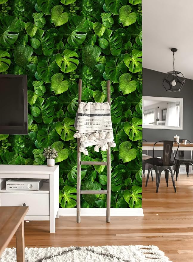 Vintage Tropical Monstera Botanical Peel and Stick Wallpaper | Rich glossy green monstera tropical leaf print, Removable waterproof vinyl wall covering, bedroom accent wall decor - Image 9