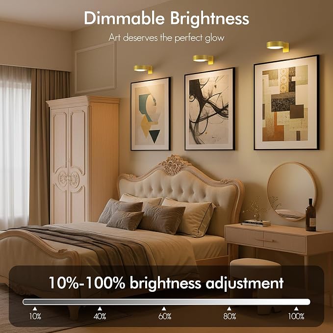 Picture Lights for Wall, Rechargeable Battery Wireless Poster Lights, Gold | LED Magnetic Painting Light with Remote Dimmable, Timer＆3 Lighting Modes, Wall Decor Puck Light for Frame Art Display, 3 Pack - Image 3